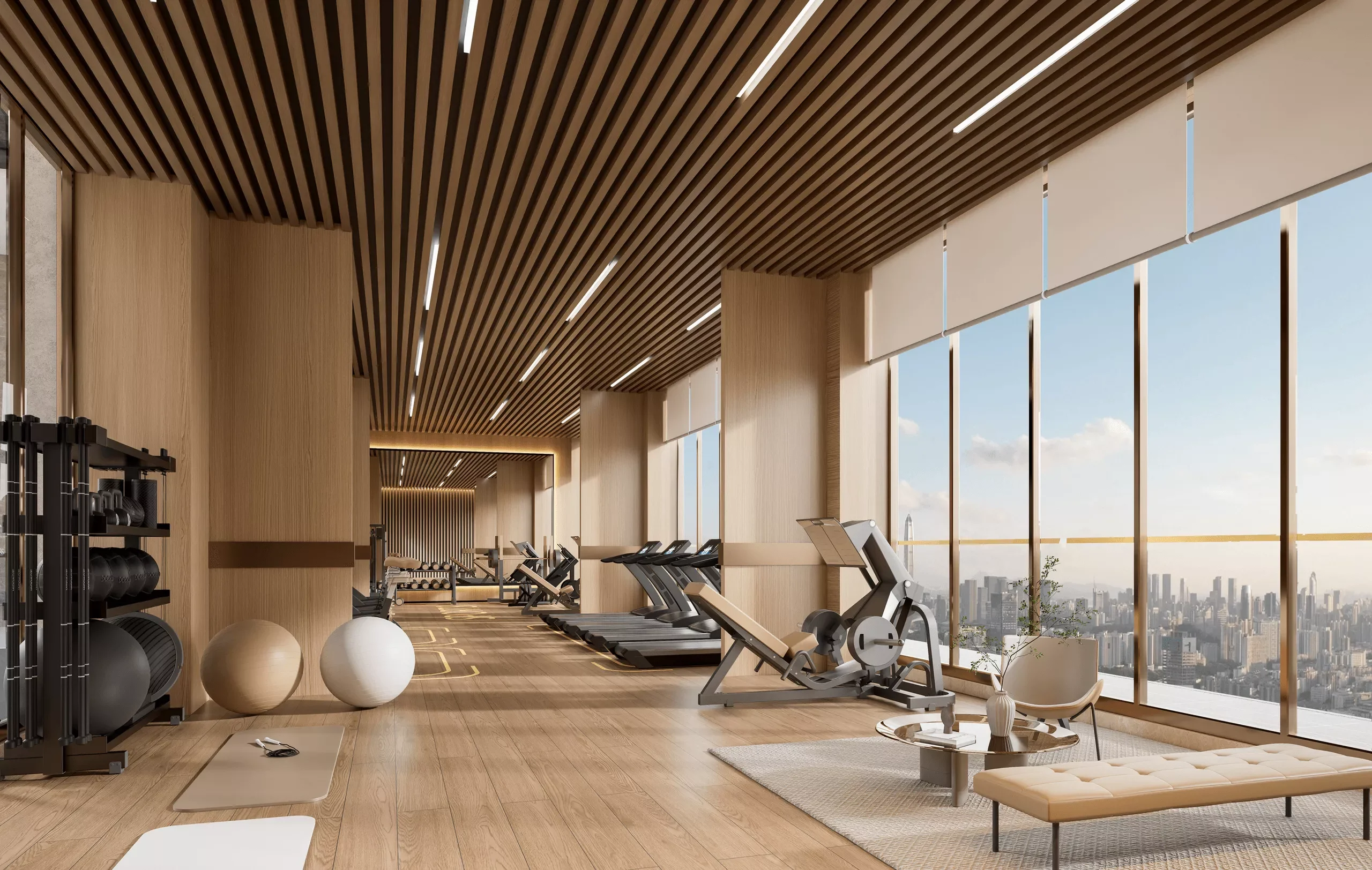 Gym rendering at Luminara Apartments, Westlands, with treadmills, exercise balls and large windows overlooking a city skyline.