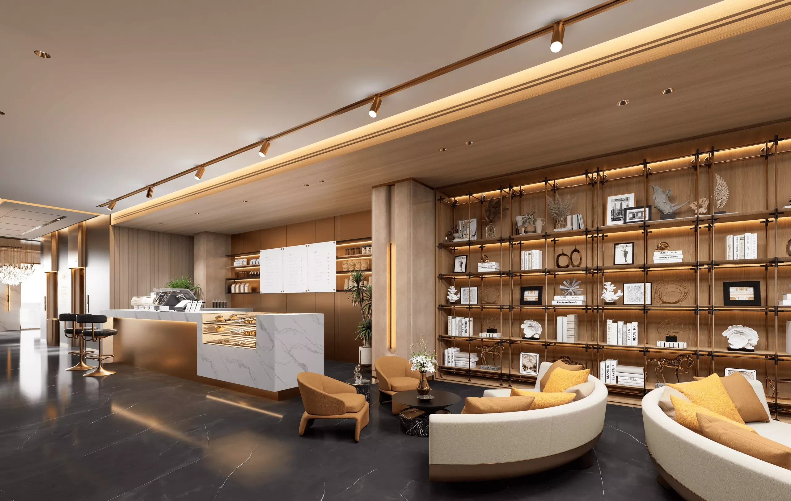 Café lounge rendering at Luminara Apartments, Westlands, with curved sofas, display shelves and a pastry counter.