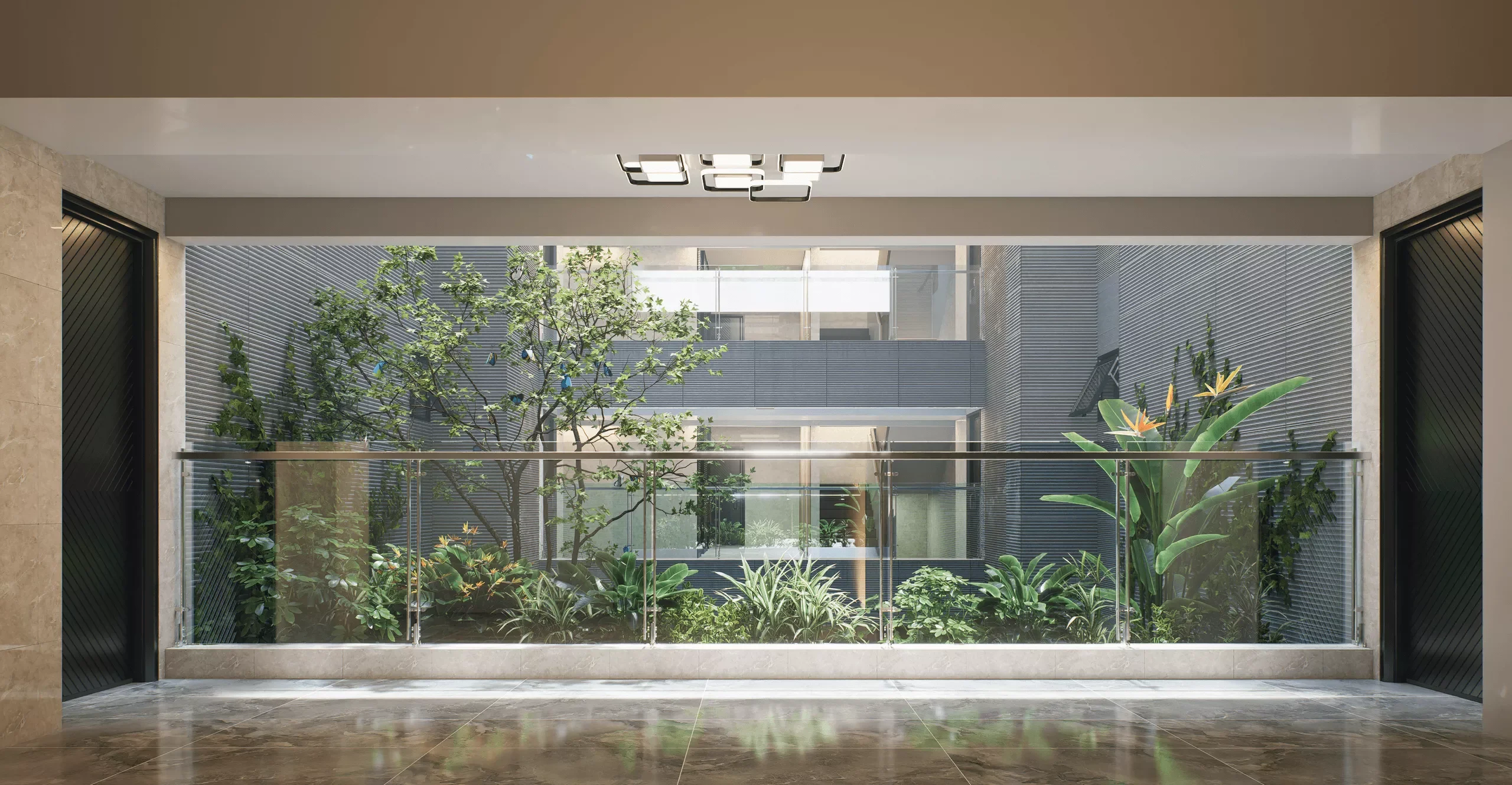Corridor rendering with glass railings overlooking a planted atrium at Luminara Apartments, Westlands.