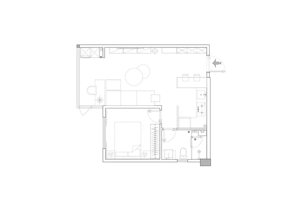 One-bedroom floor plan for Luminara Apartments in Westlands, showing an open-plan living area, kitchen and bathroom.