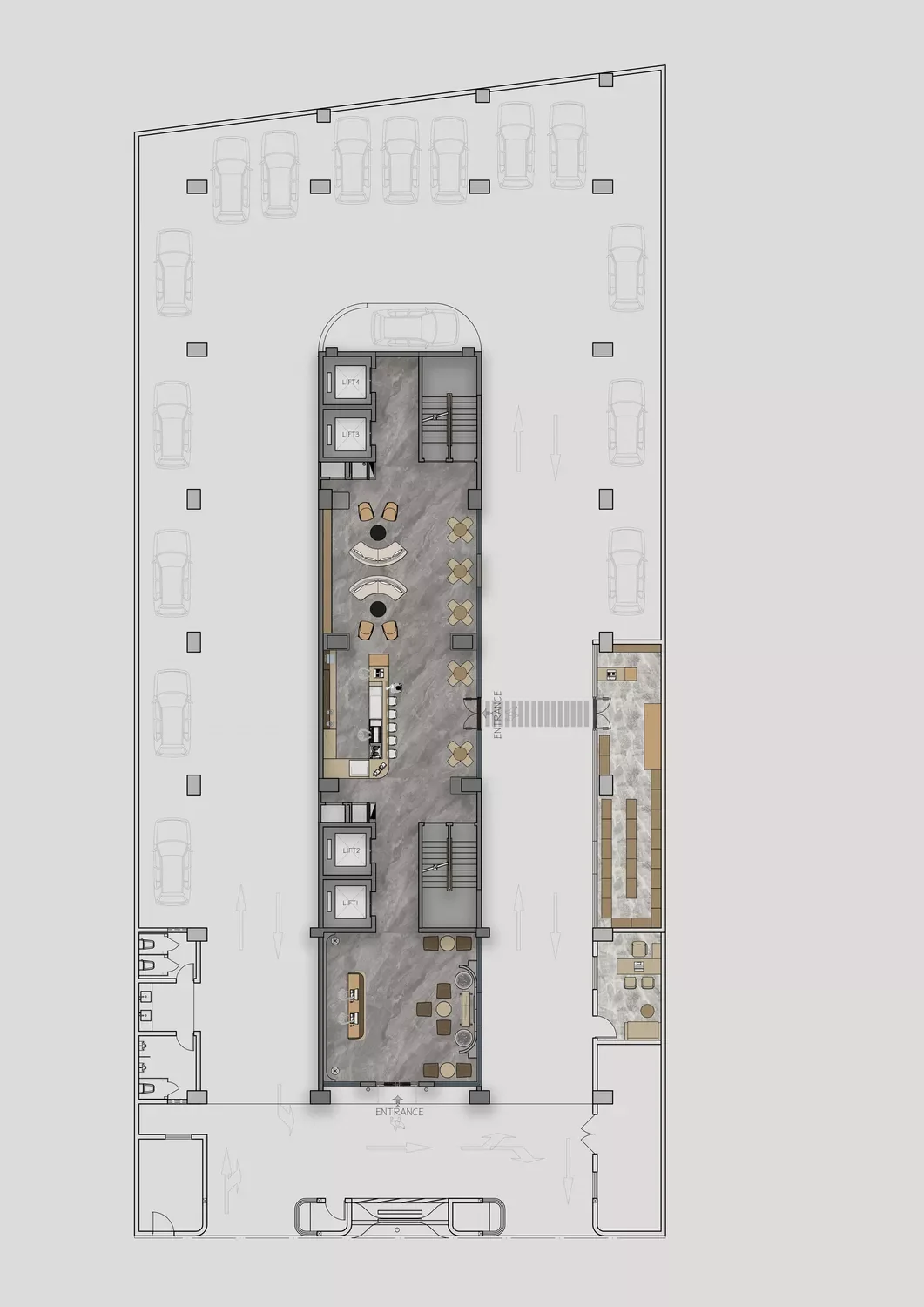 Luminara Apartments Westlands floor plan showing parking, entrances, seating areas, lifts and stairs.