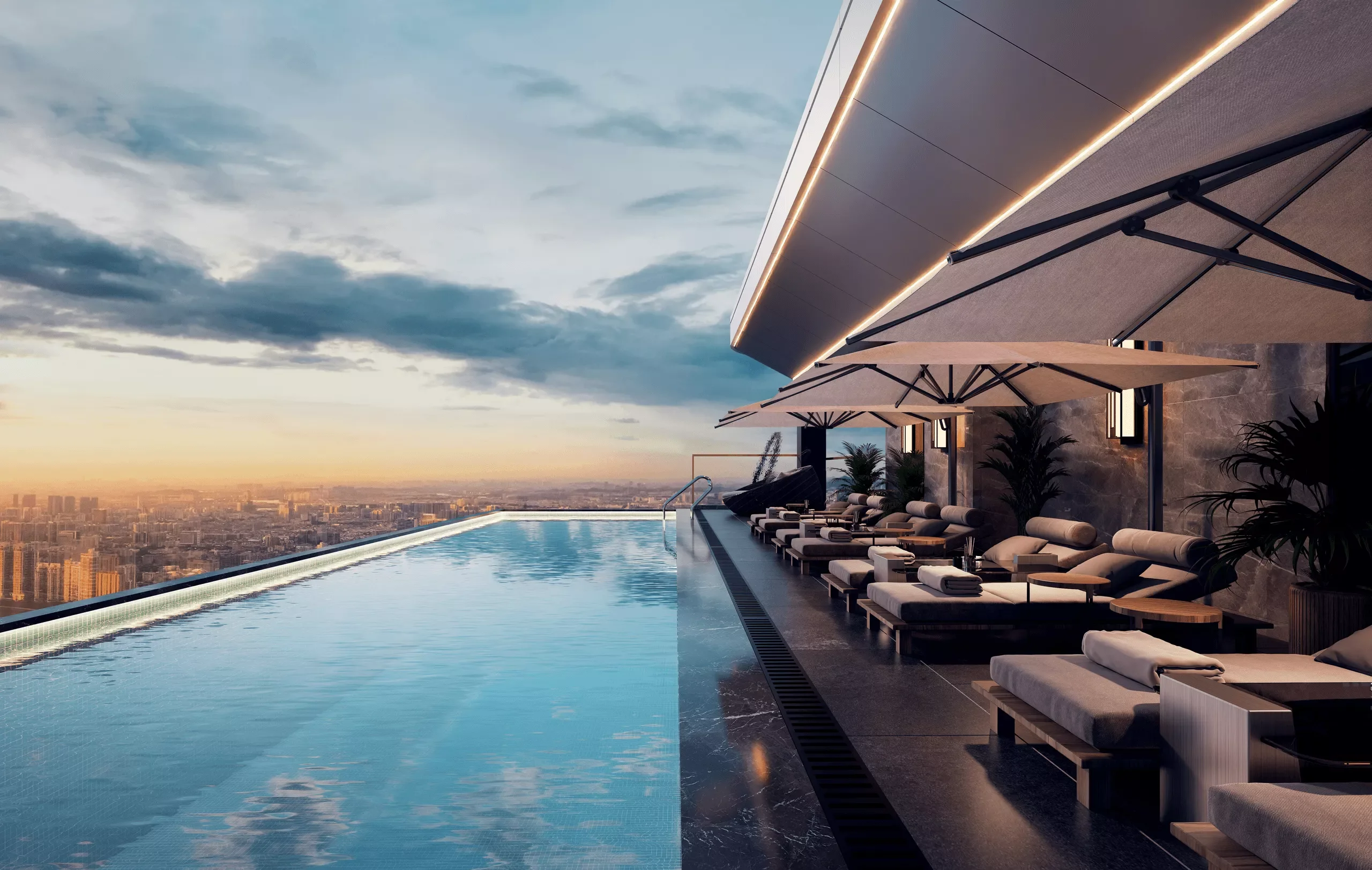 Rendering of the rooftop infinity pool at Luminara Apartments, Westlands, with loungers, umbrellas and city views.