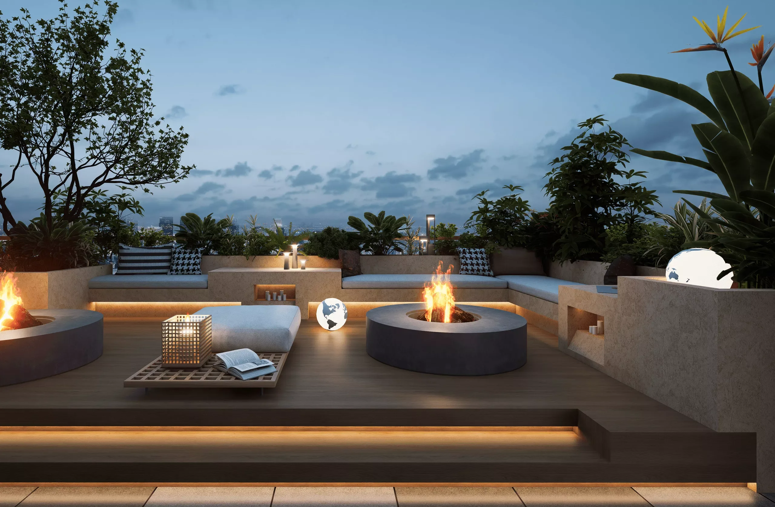 Rooftop lounge rendering at Luminara Apartments, Westlands, with cushioned seating, fire pits and dense planting.