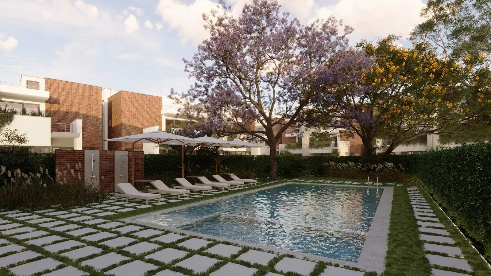 Swimming pool rendering with sun loungers, parasols and flowering trees at Marigold II Residency, Langata.