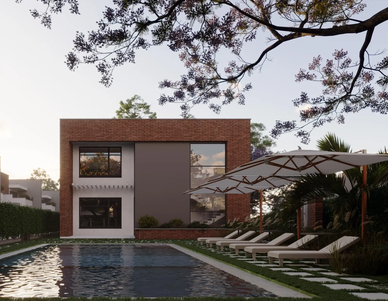 Rendered swimming pool with sun loungers and parasols at Marigold II Residency in Langata.