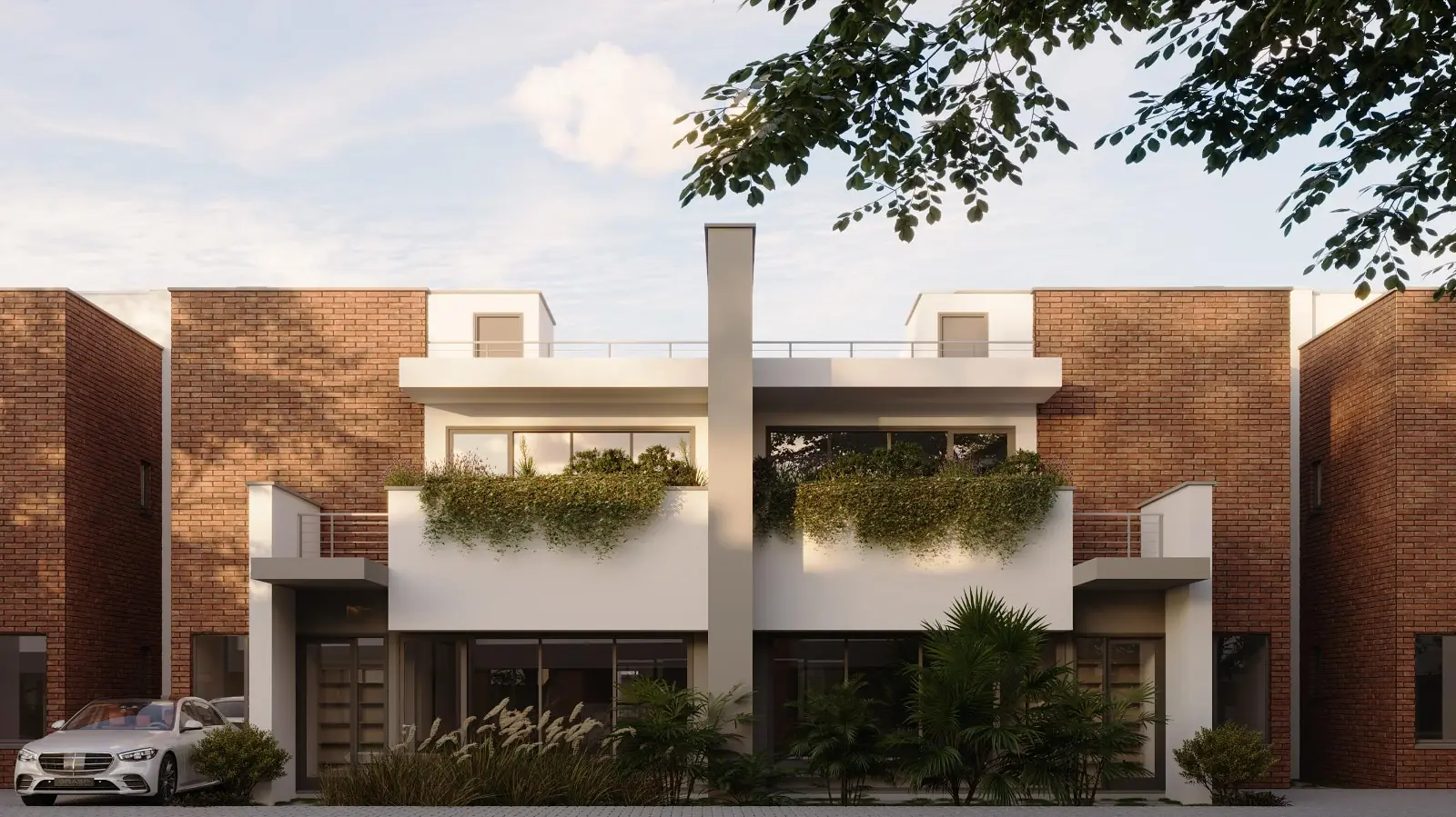 Exterior rendering of Marigold II townhouses in Langata, with brick and white facades and planted balconies.