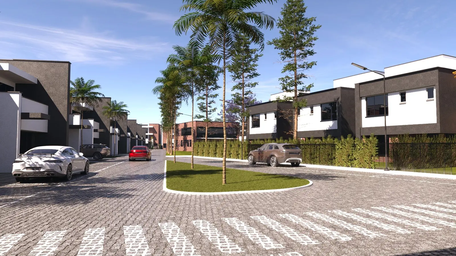 Rendering of Marigold II townhouses in Langata, with a palm-lined roadway, landscaped median and parked cars.