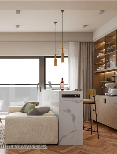 Sofa beside a marble-effect kitchen counter, pendant lights and illuminated shelving at Mogotio Oasis, Westlands.