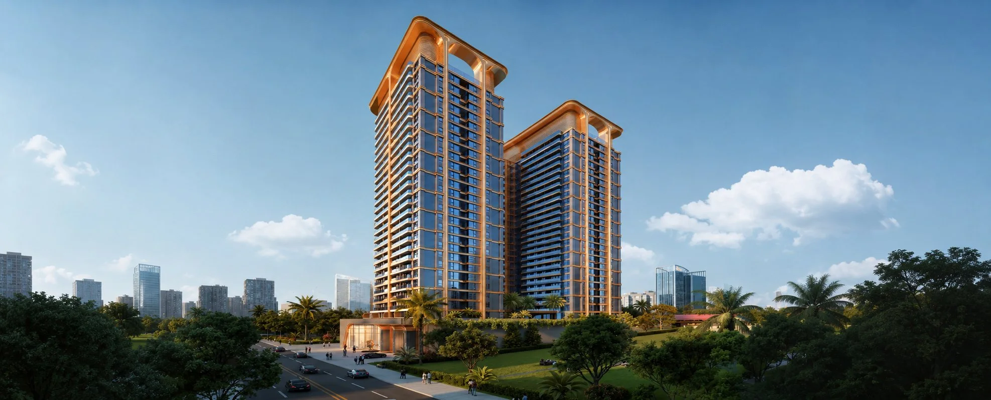 Architectural rendering of Mogotio Oasis in Westlands, showing two high-rise towers with balconies and landscaped grounds.