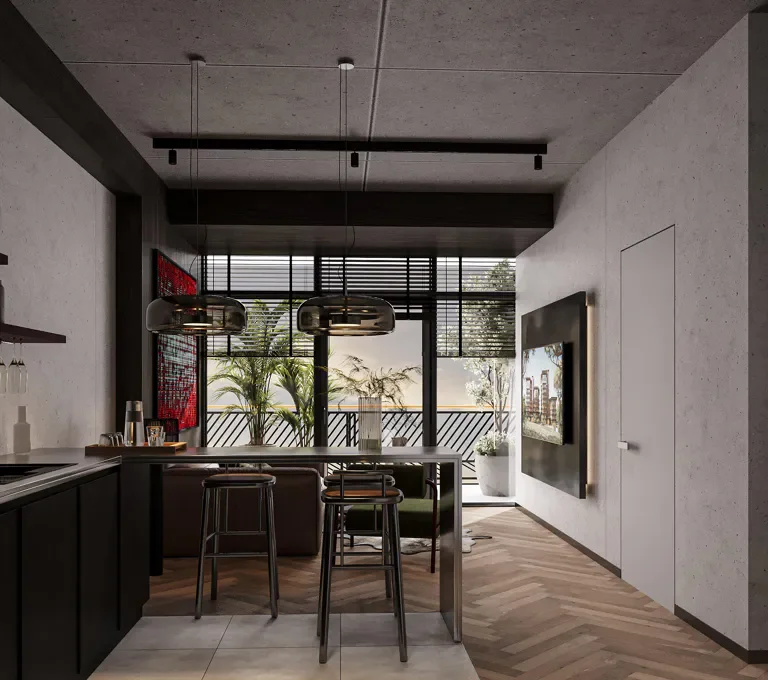 Open-plan kitchen rendering at Next Amani, Tatu City, with breakfast bar, pendant lights and balcony plants.