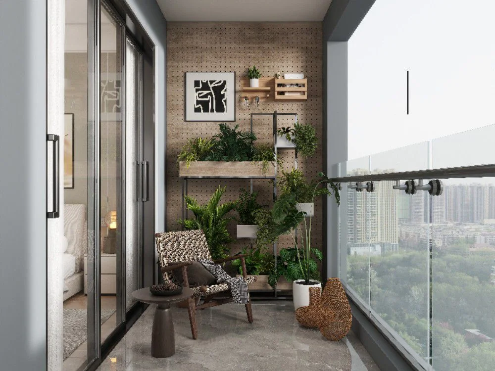 Balcony with potted plants, a woven chair and glass railing at Nova Garden, Kilimani.