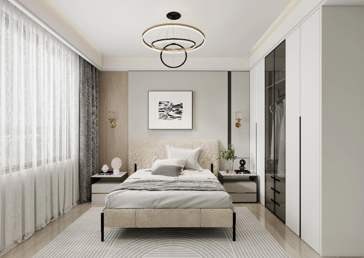 Bedroom rendering for Nova Garden, Kilimani, with an upholstered bed, built-in wardrobes and circular pendant lighting.