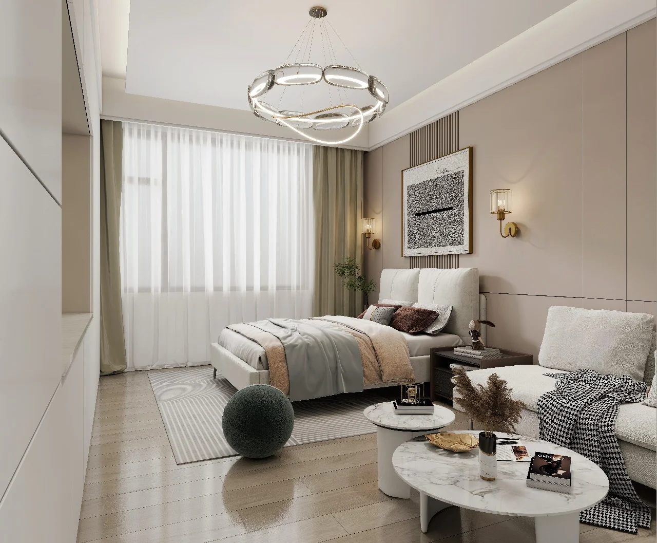 Bedroom at Nova Garden Kilimani with an upholstered bed, seating area and circular pendant lighting.