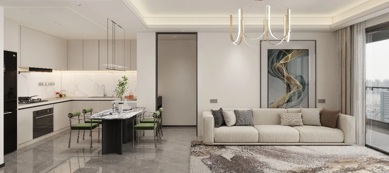 Open-plan living area rendering at Nova Garden, Kilimani, with a cream sofa, dining table and white kitchen.