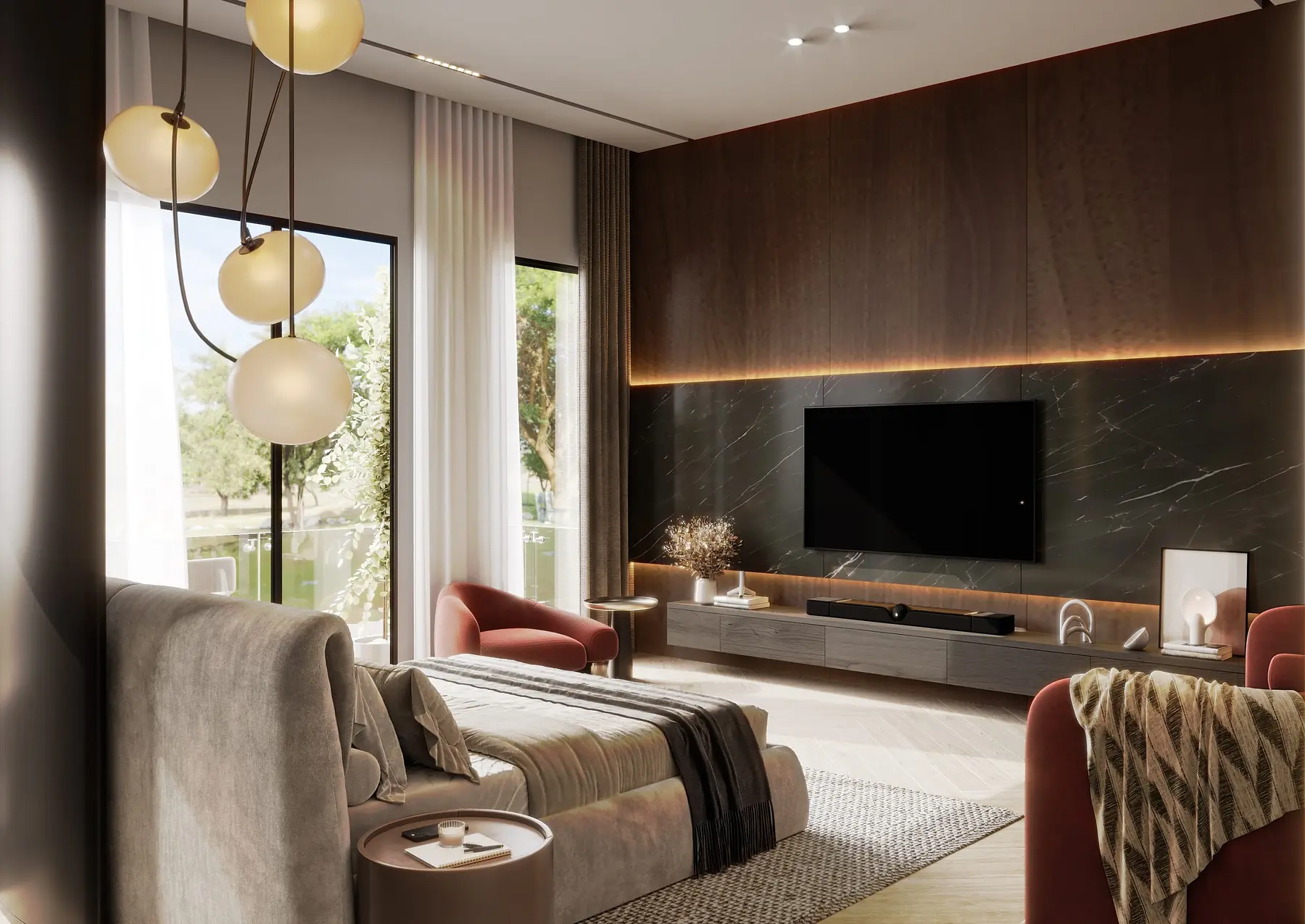 Bedroom rendering at Ostrea Villas, Karen, with an upholstered bed, rust-red armchairs and a wall-mounted television.