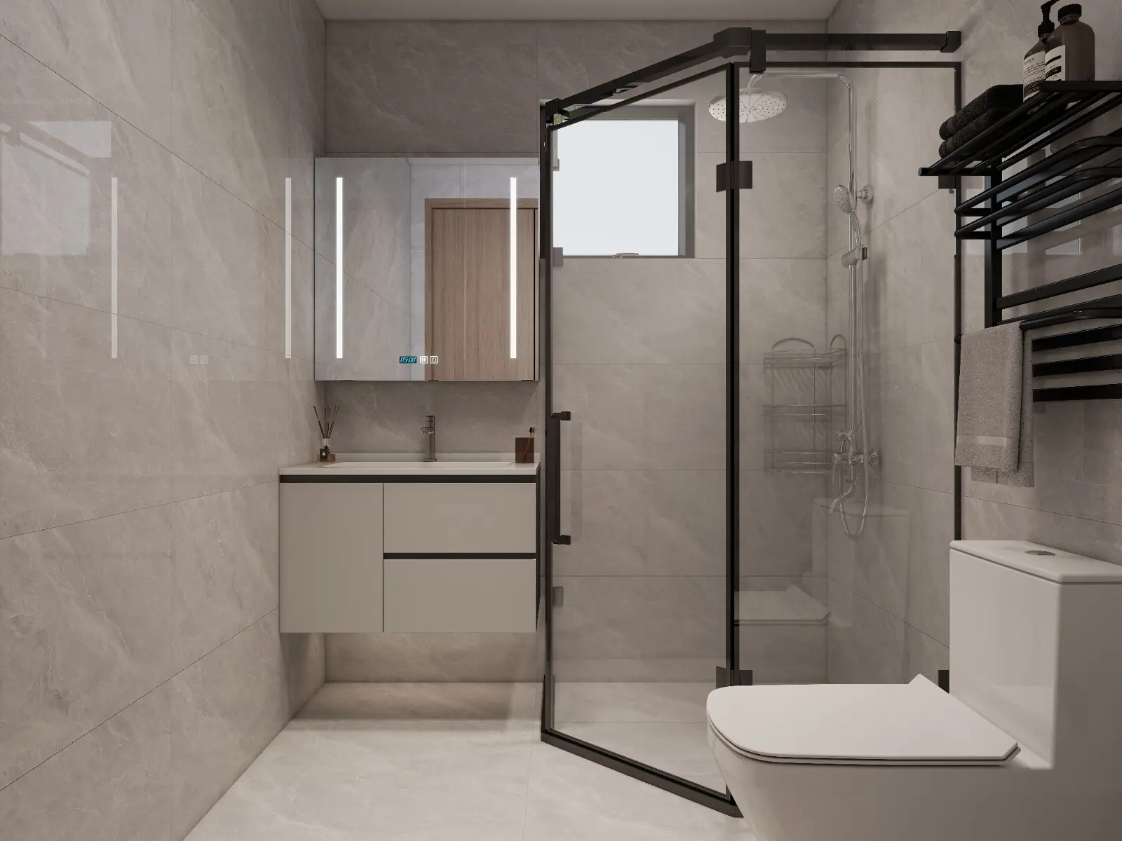 Bathroom rendering at Oxford Homes Riverside with a black-framed glass shower, floating vanity and toilet.