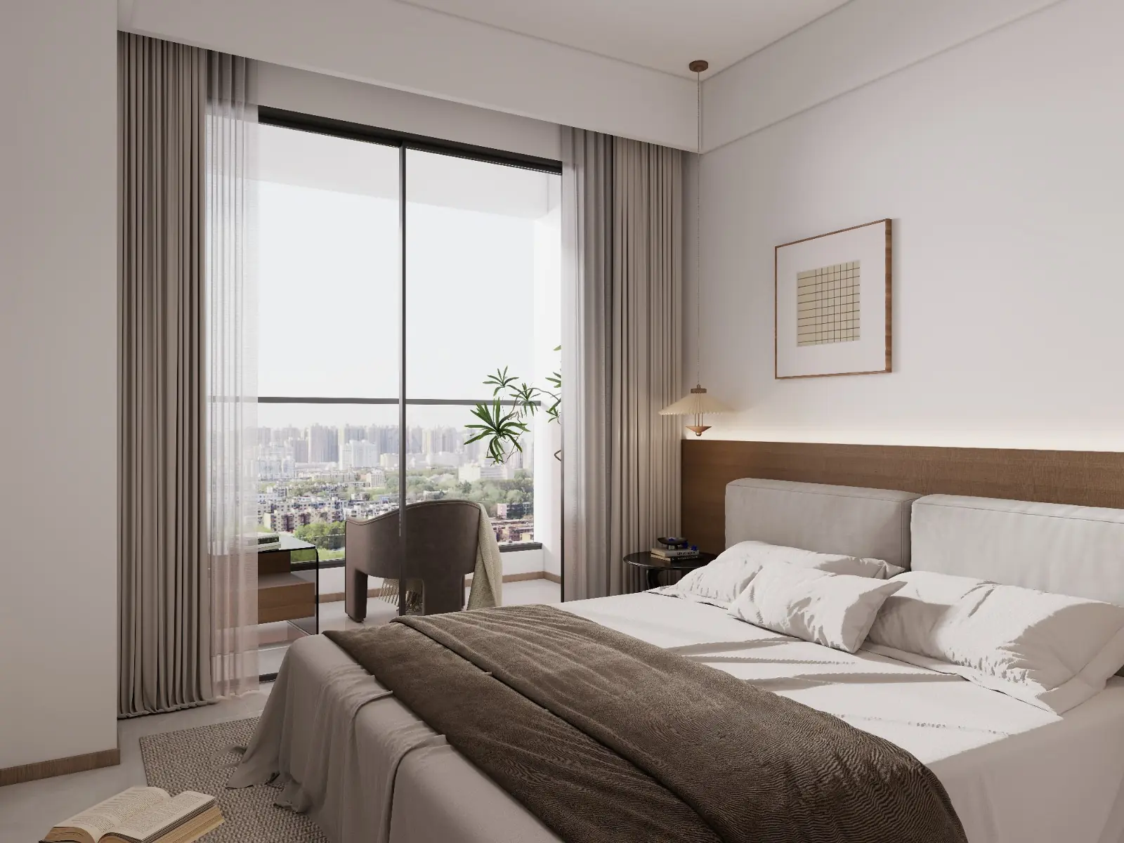 Oxford Homes Riverside bedroom rendering with white bedding, full-height curtains and a chair beside large windows.