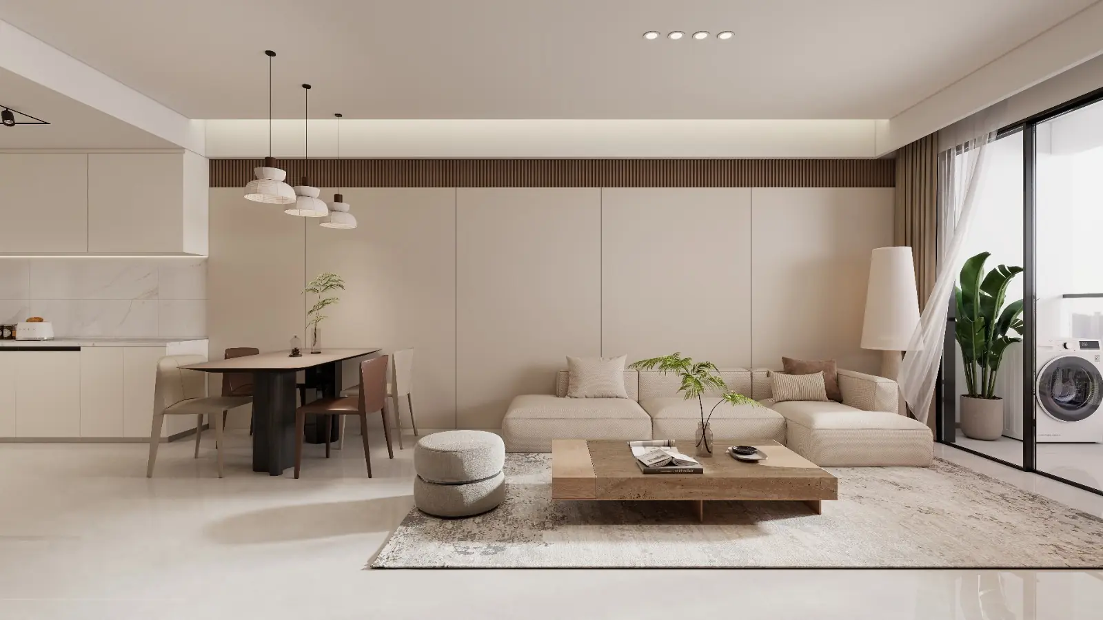Oxford Homes Riverside living area rendering with a beige sectional sofa, dining table and open kitchen.