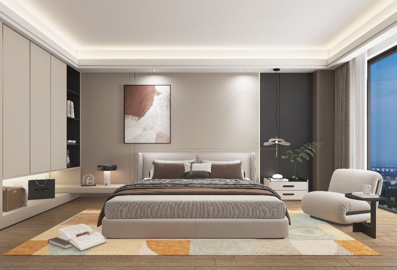 Bedroom rendering at Pearl Lumina with an upholstered bed, built-in cabinetry and an armchair beside the window.
