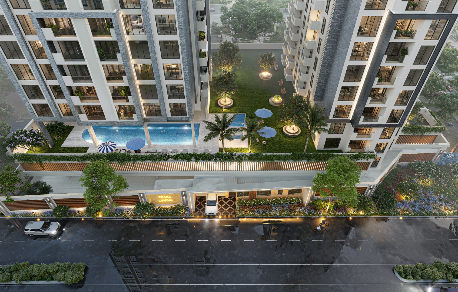 Architectural rendering of Pearl Lumina’s twin towers, swimming pool and landscaped courtyard on Riverside Drive.