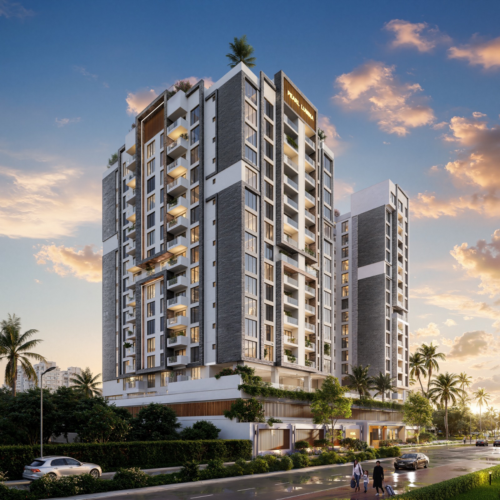Exterior rendering of Pearl Lumina on Riverside Drive, showing apartment towers, balconies and landscaped street frontage.