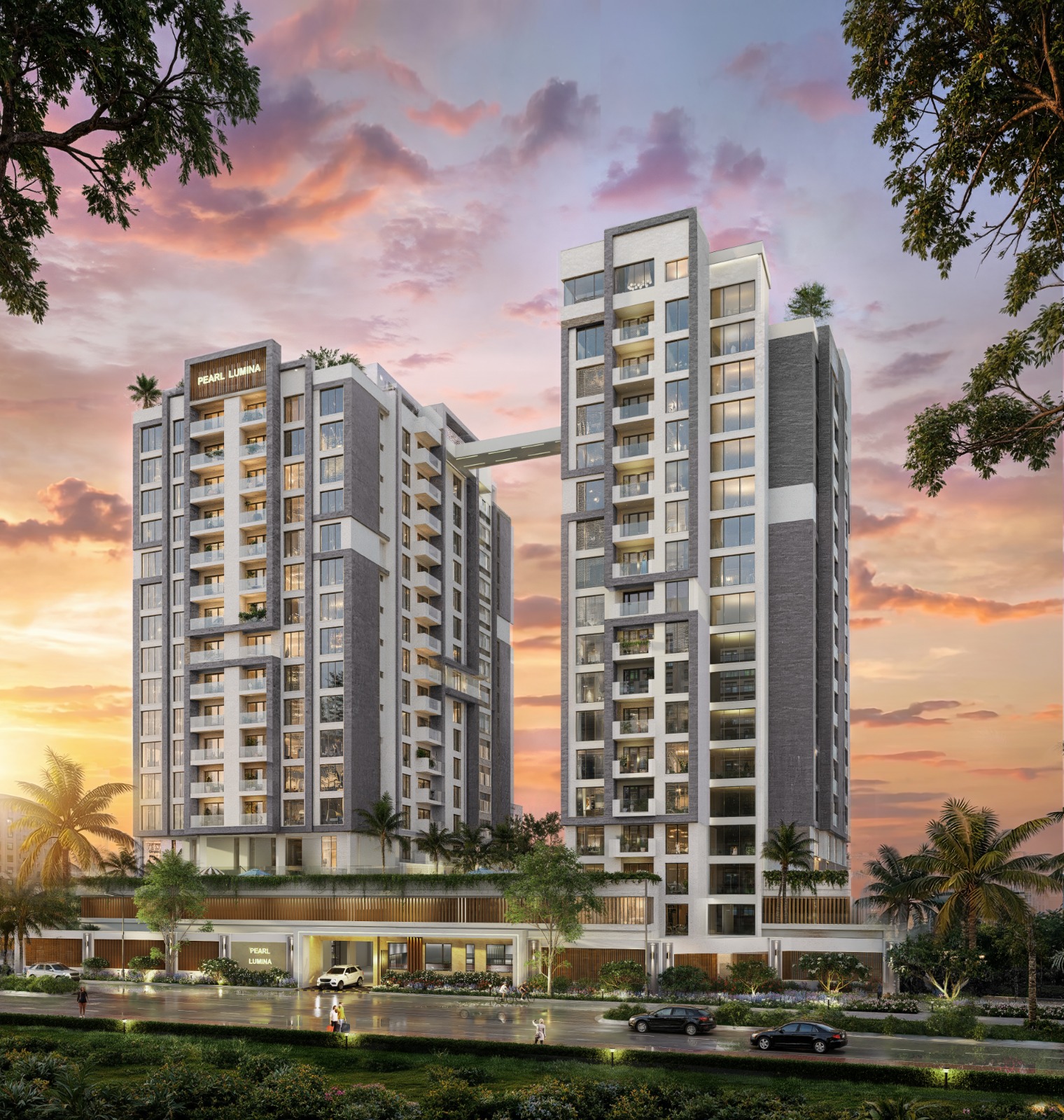 Architectural rendering of Pearl Lumina’s two towers with balconies and an elevated connecting bridge on Riverside Drive.