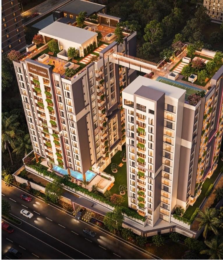 Aerial rendering of Pearl Lumina’s twin towers, landscaped rooftops and connecting skybridge in Riverside.