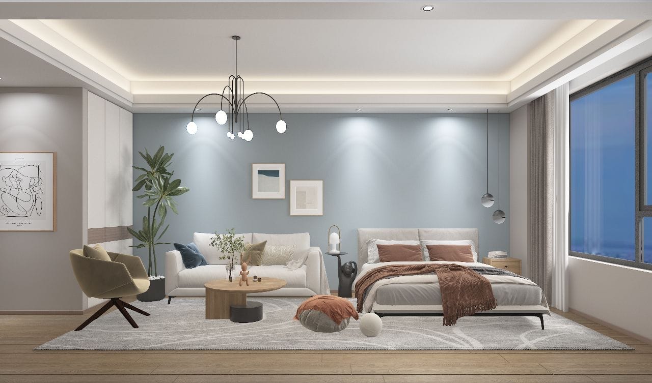 Pearl Lumina interior rendering showing a bed, sofa, armchair, coffee table and large window.