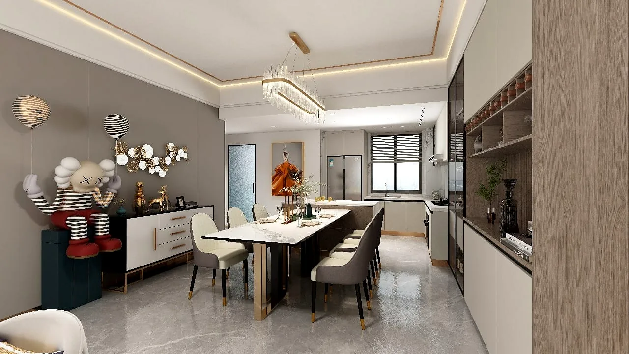 Rendered dining area at Plumeria Residency with upholstered chairs, a chandelier and an adjoining kitchen.