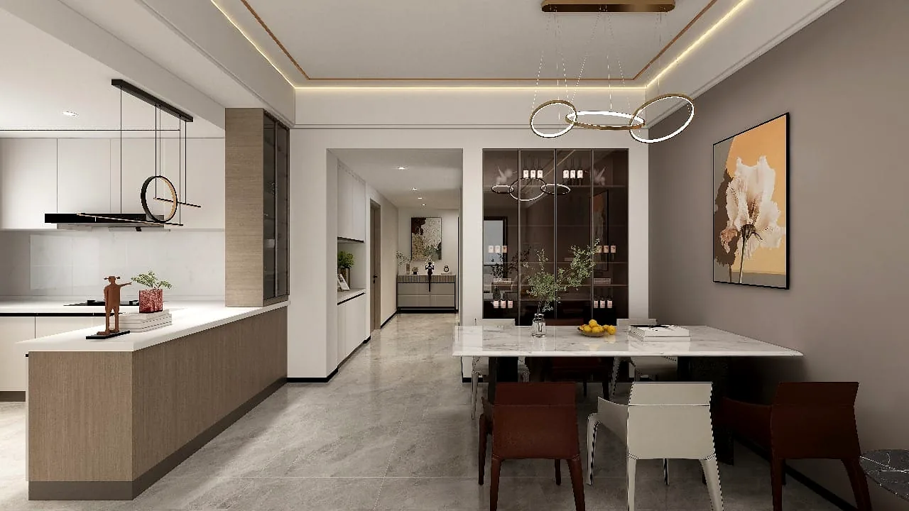 Plumeria Residency rendering showing an open-plan kitchen and dining area with pendant lights and a rectangular dining table.