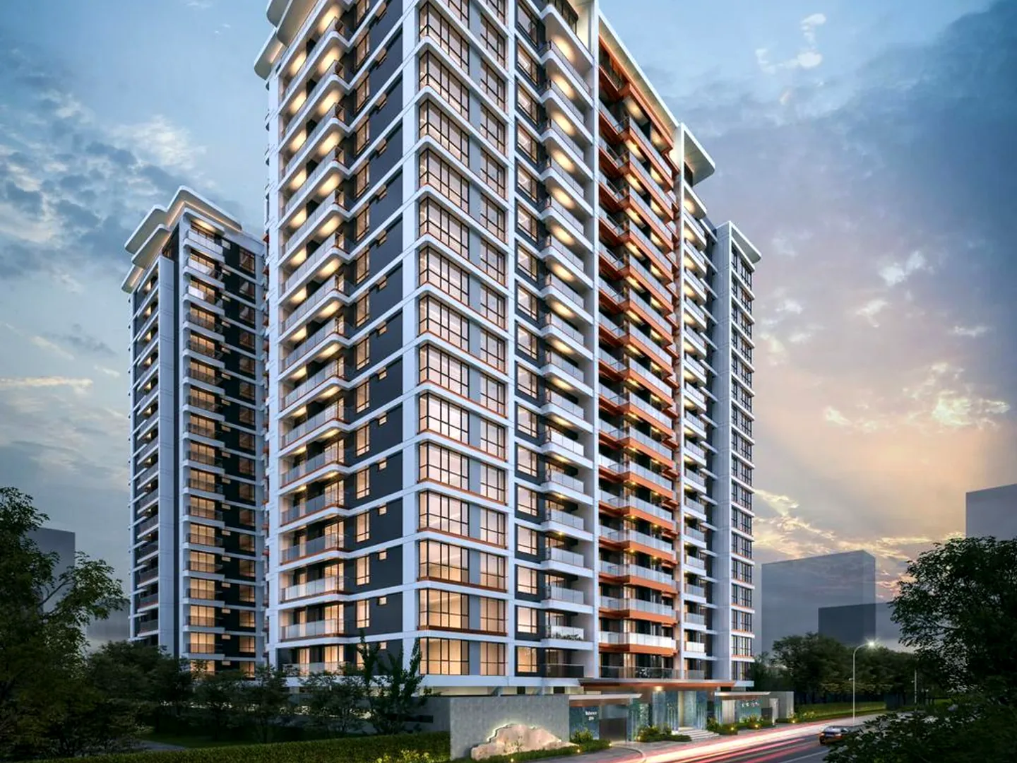 Exterior rendering of Plumeria Residency in Lavington, showing high-rise apartment towers with balconies and large windows.