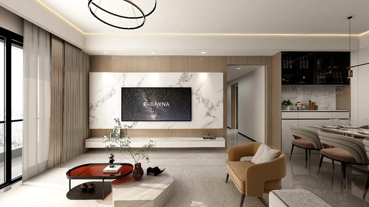 Plumeria Residency living and dining area rendering with a wall-mounted television, tan armchair and coffee tables.