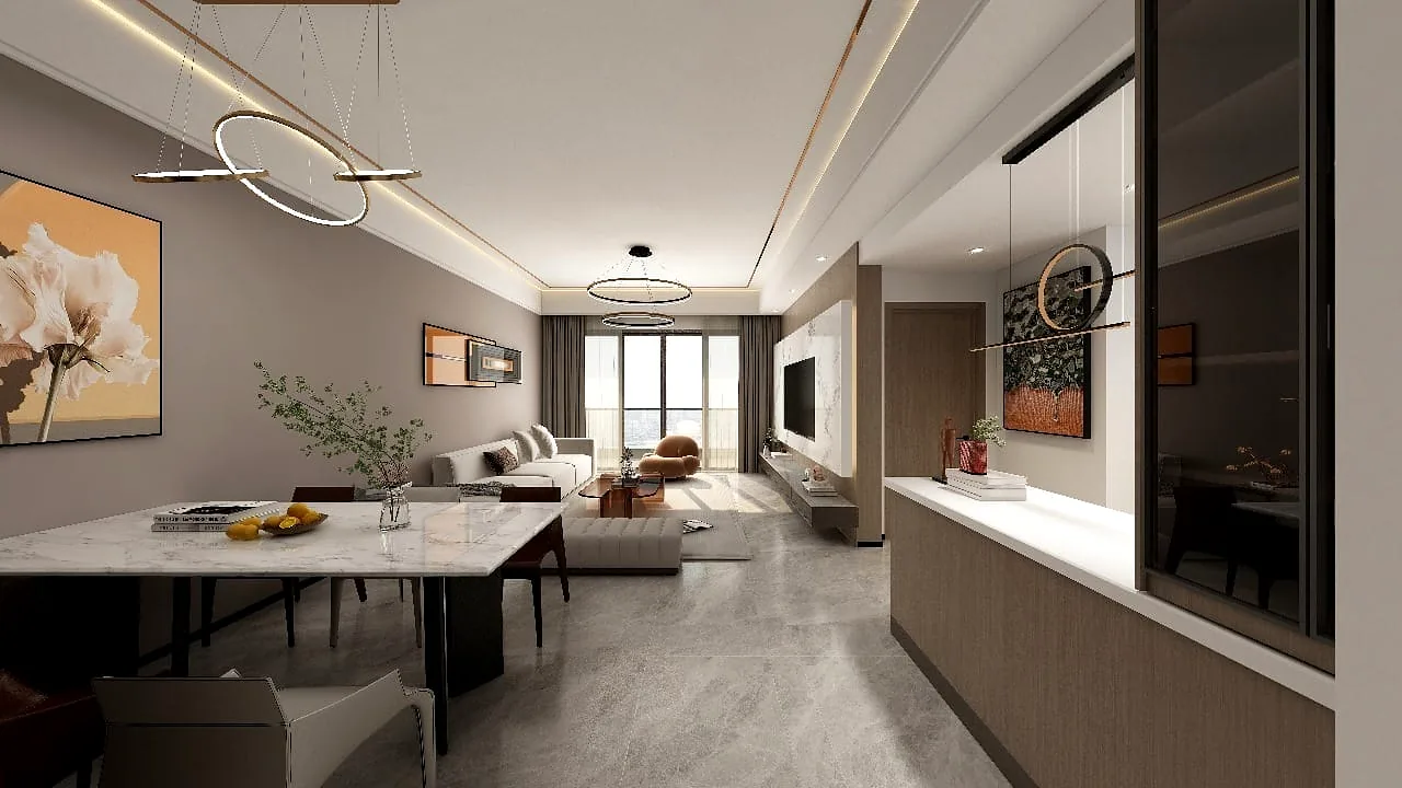 Open-plan living and dining area rendering at Plumeria Residency, Lavington, with a sofa and pendant lights.