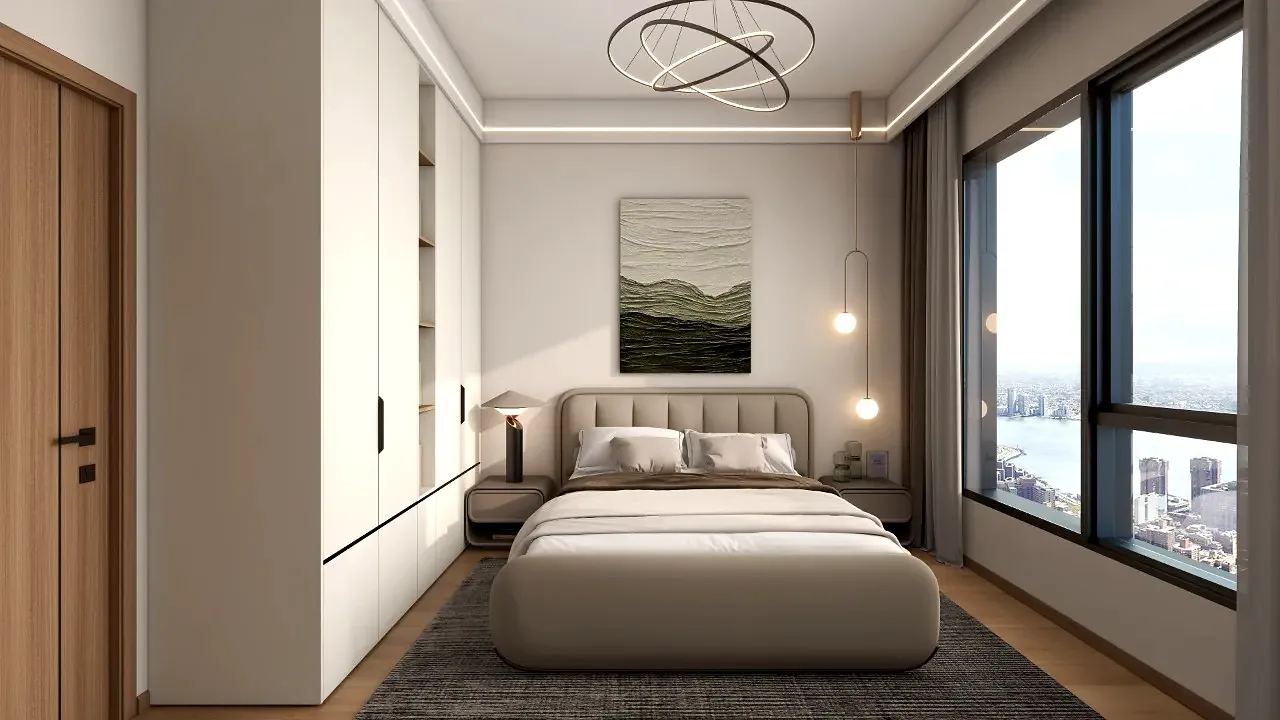 Bedroom rendering for Riara One Residency with an upholstered bed, built-in wardrobes and large windows.