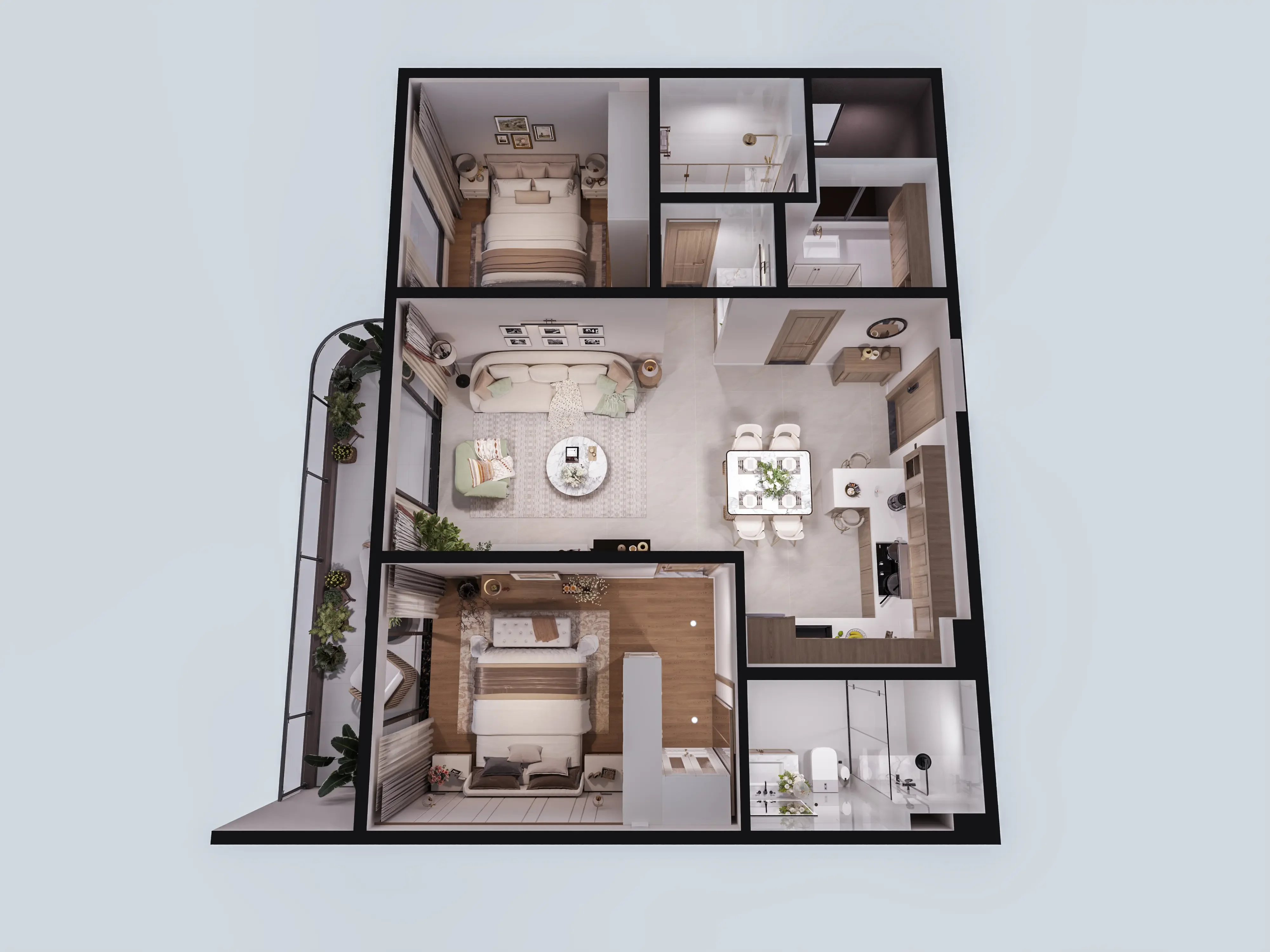 Riverside Azure two-bedroom 3D floor plan showing open-plan living and dining, kitchen, bathrooms and balcony.