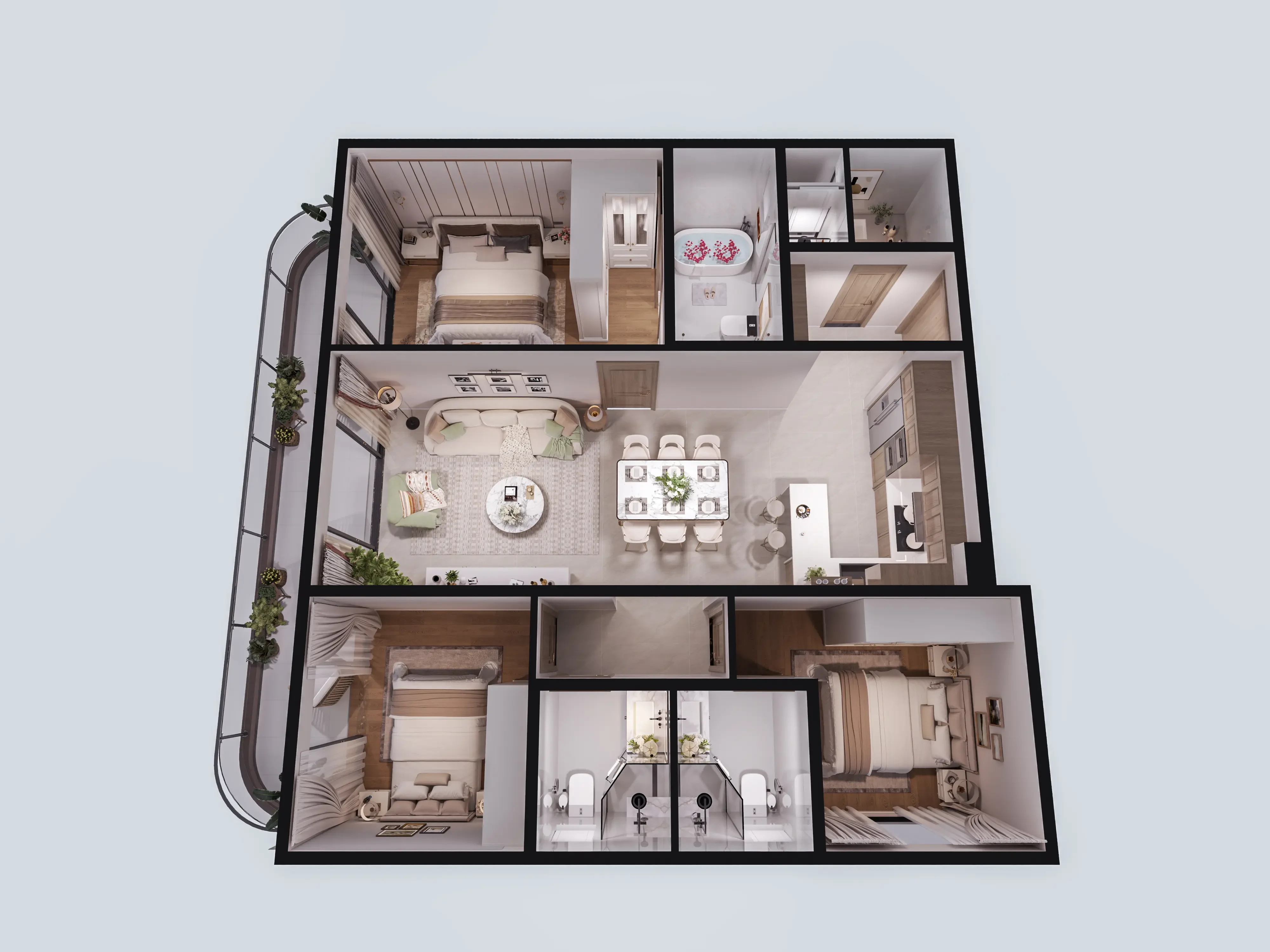 Riverside Azure three-bedroom 3D floor plan showing open-plan living, dining, kitchen and a curved balcony.
