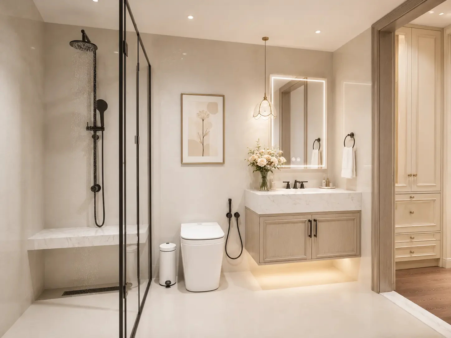Riverside Azure Apartments bathroom with glass-enclosed shower, toilet, floating vanity and illuminated mirror.