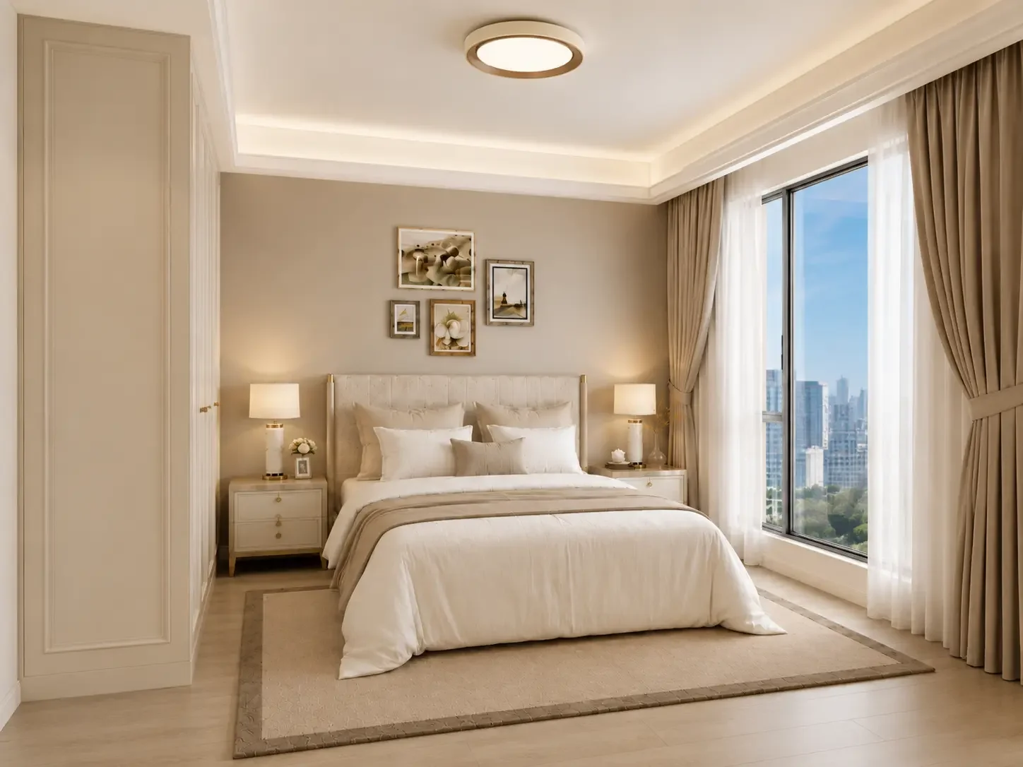 Bedroom at Riverside Azure Apartments with an upholstered bed, matching bedside lamps and a large curtained window.