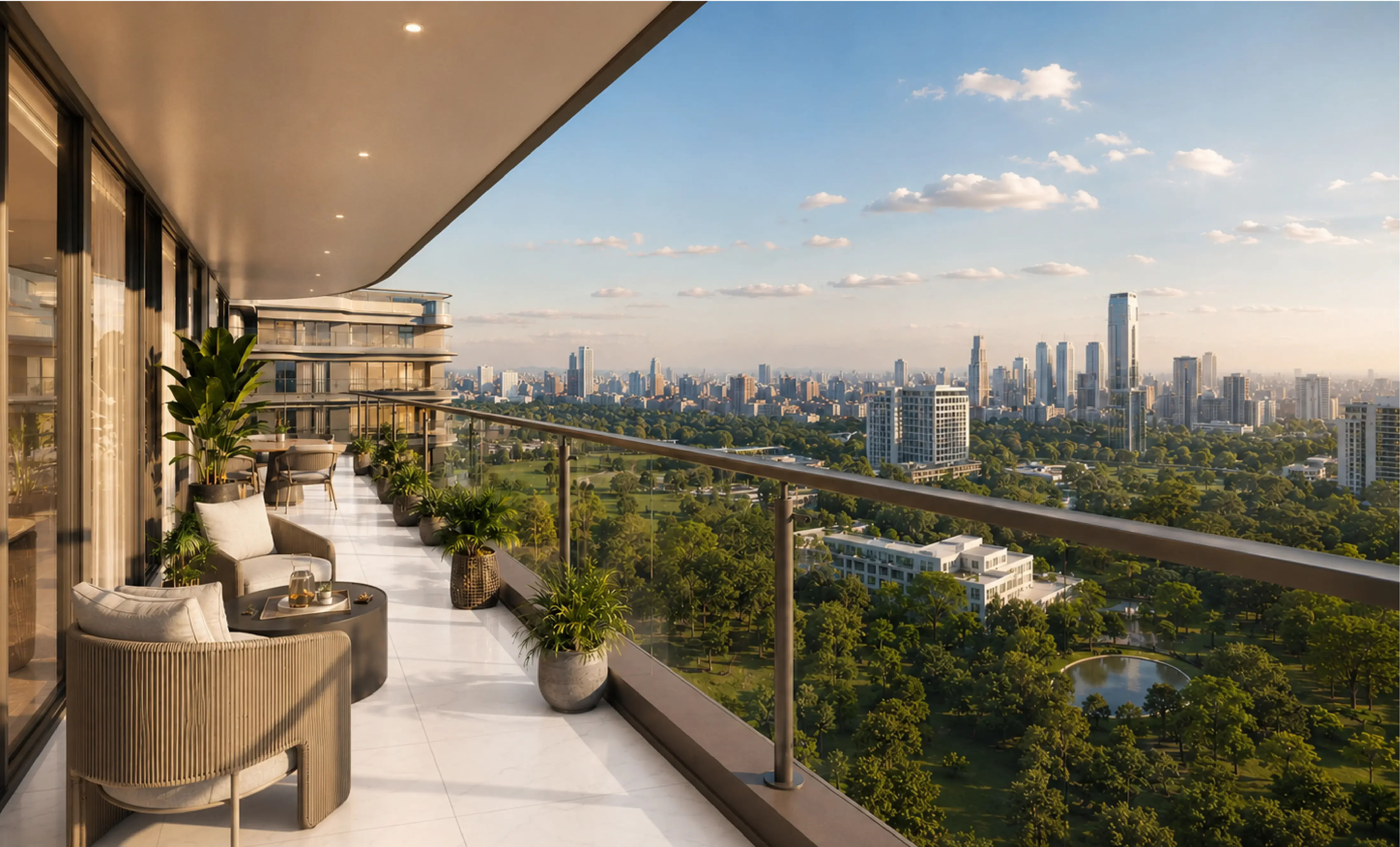 Riverside Azure balcony rendering with outdoor seating, potted plants, glass railing and a city skyline.