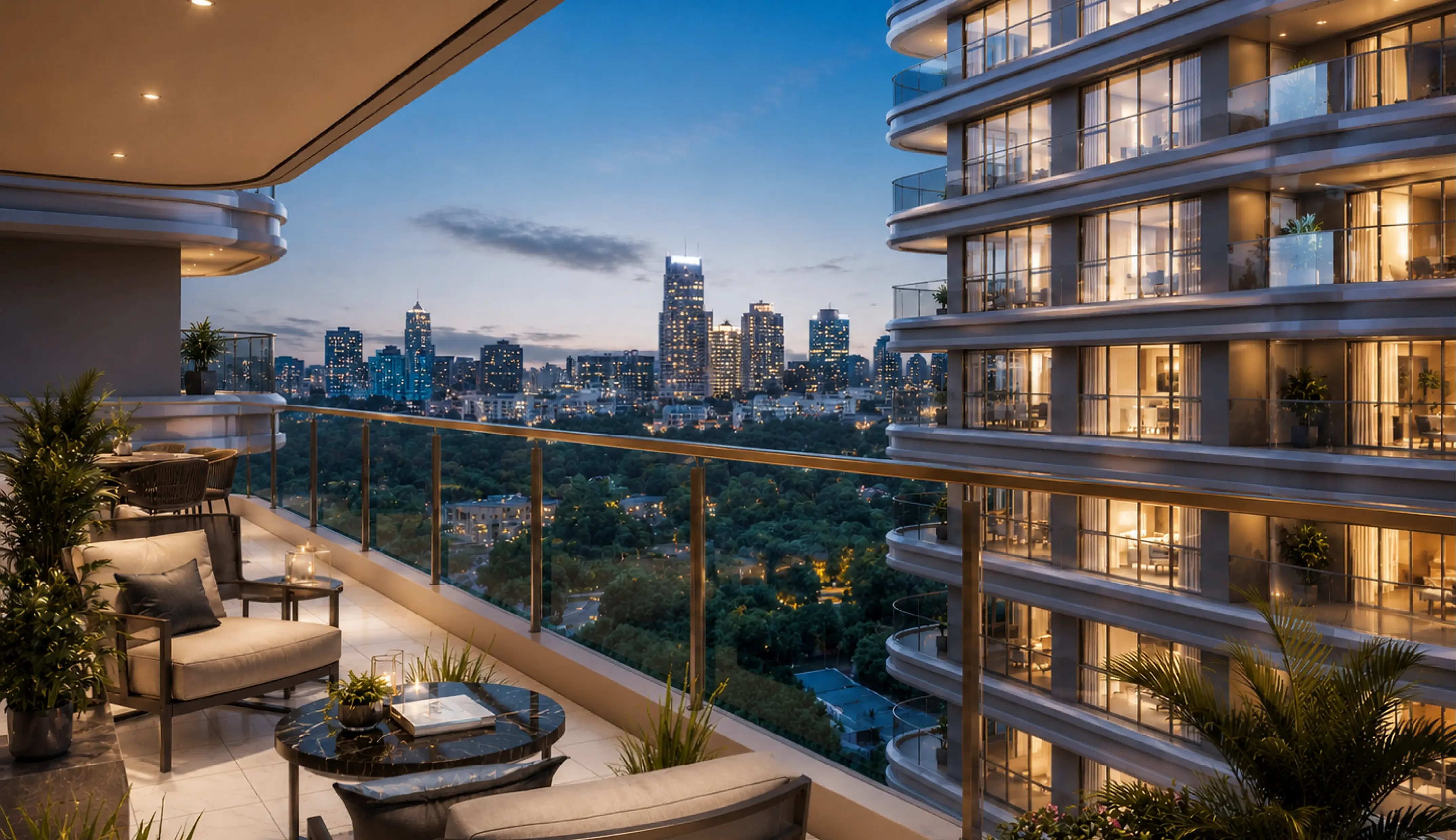 Riverside Azure balcony rendering with outdoor seating, plants, glass railings and a city skyline at dusk.
