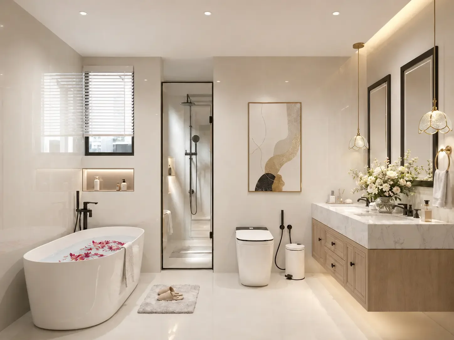 Riverside Azure bathroom with a freestanding bathtub, glass-enclosed shower, toilet and double vanity.