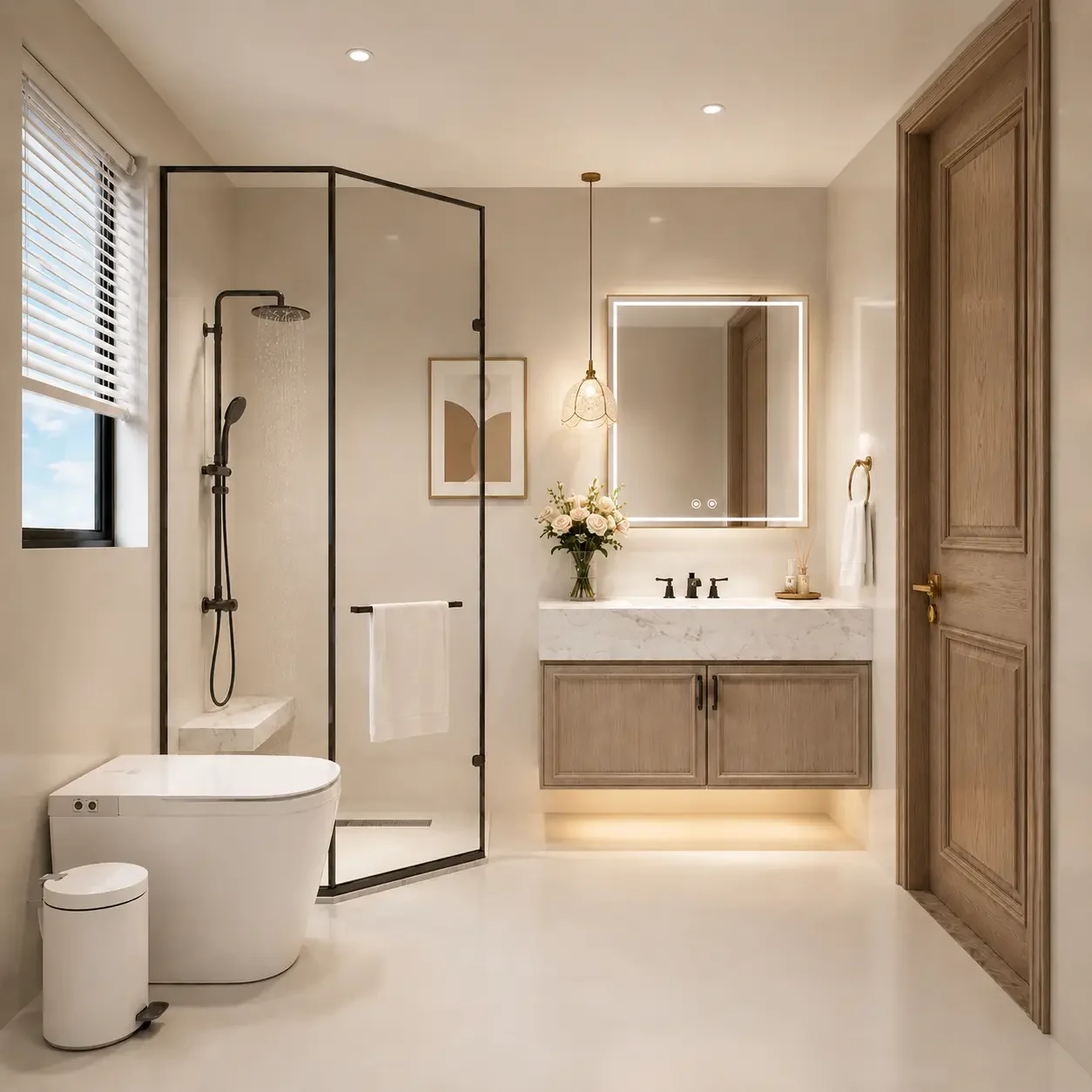 Riverside Azure bathroom with a glass shower enclosure, toilet, floating vanity and illuminated mirror.