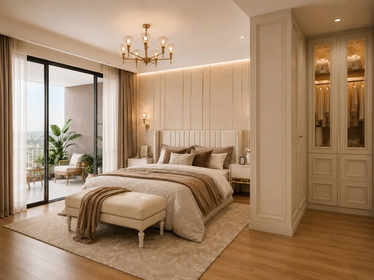 Bedroom at Riverside Azure with an upholstered bed, chandelier, glass-fronted wardrobes and sliding doors to a balcony.