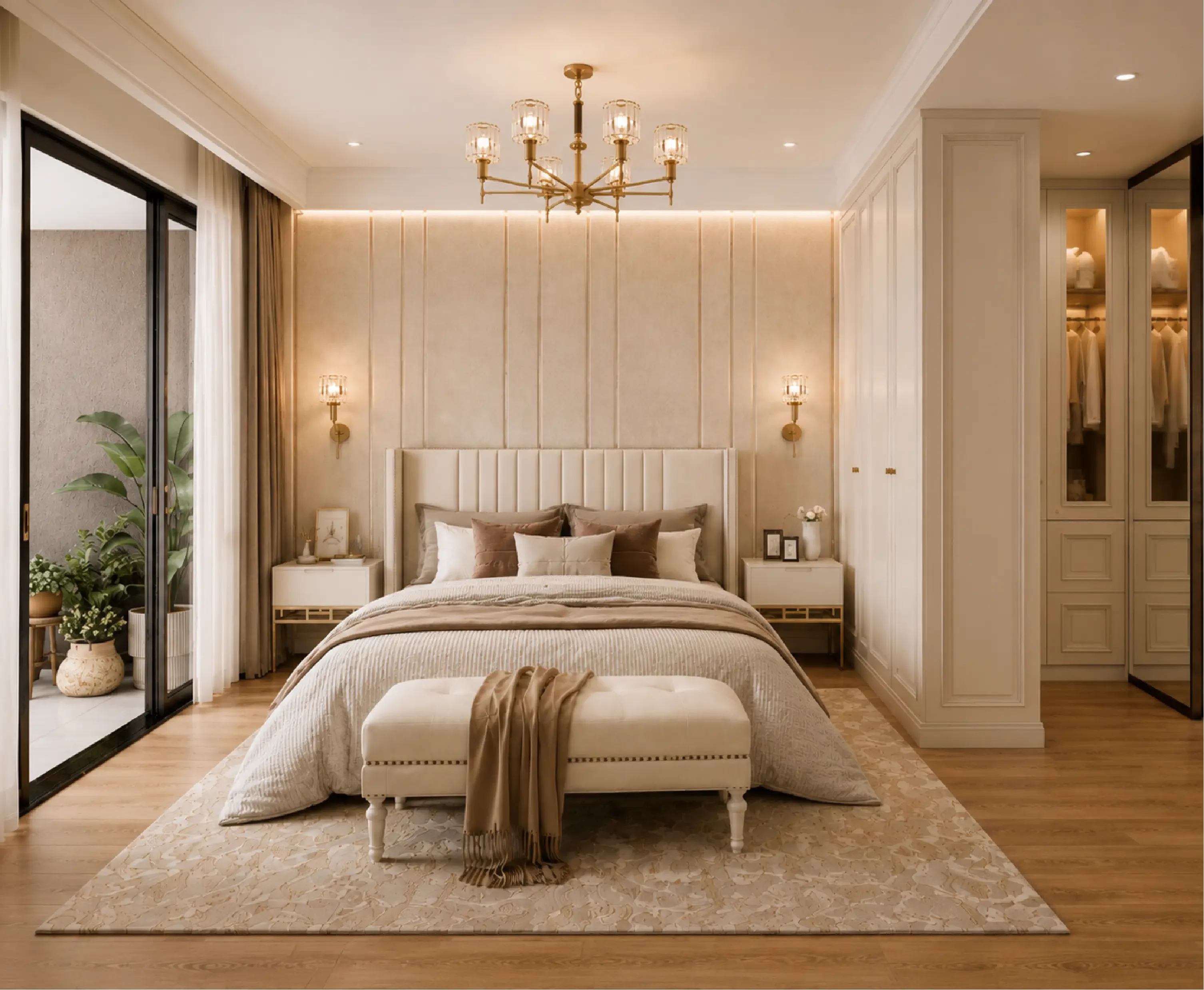 Riverside Azure bedroom with an upholstered bed, bench, chandelier and glass doors beside potted plants.