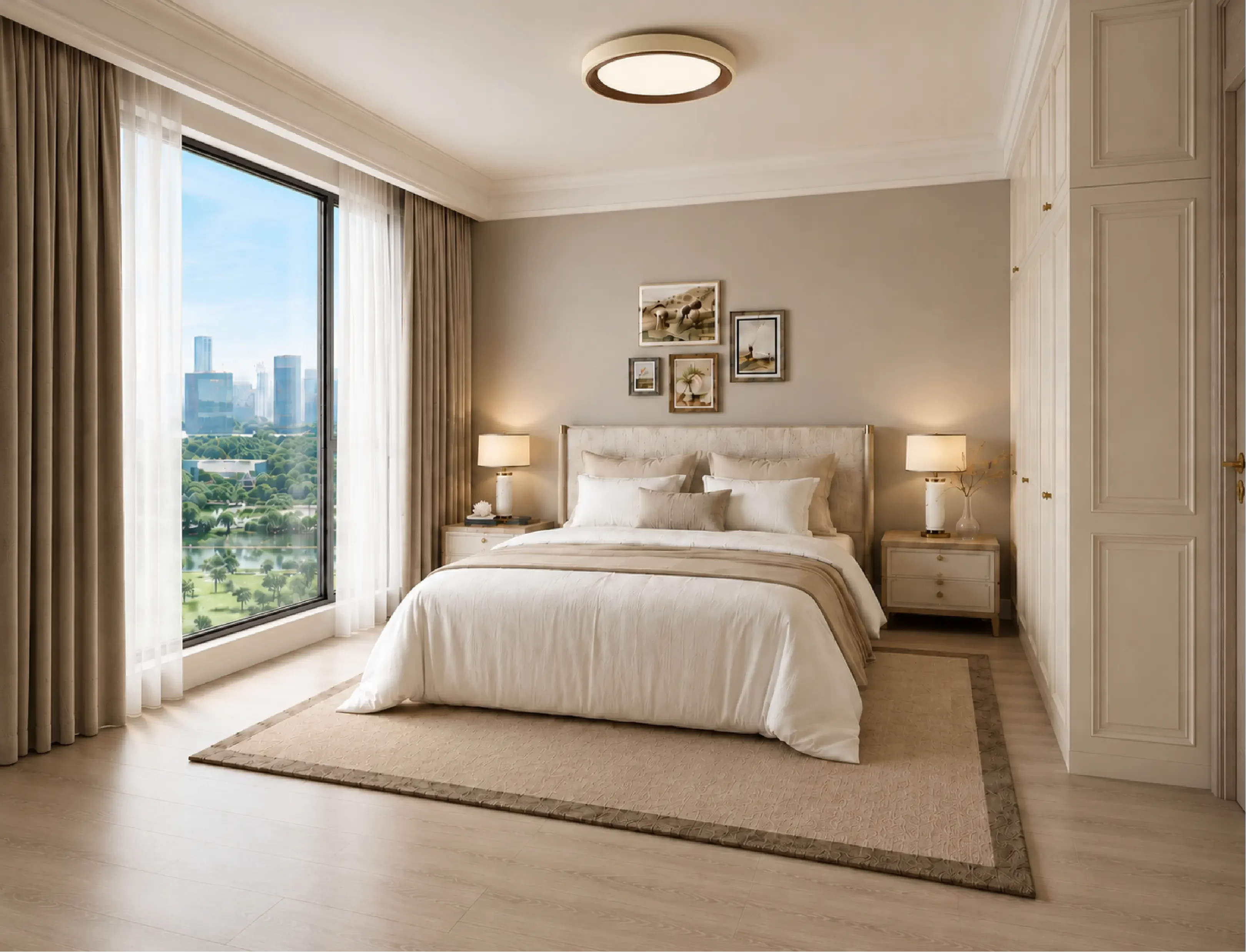 Riverside Azure bedroom rendering with a large window, upholstered bed, bedside lamps and white built-in wardrobes.