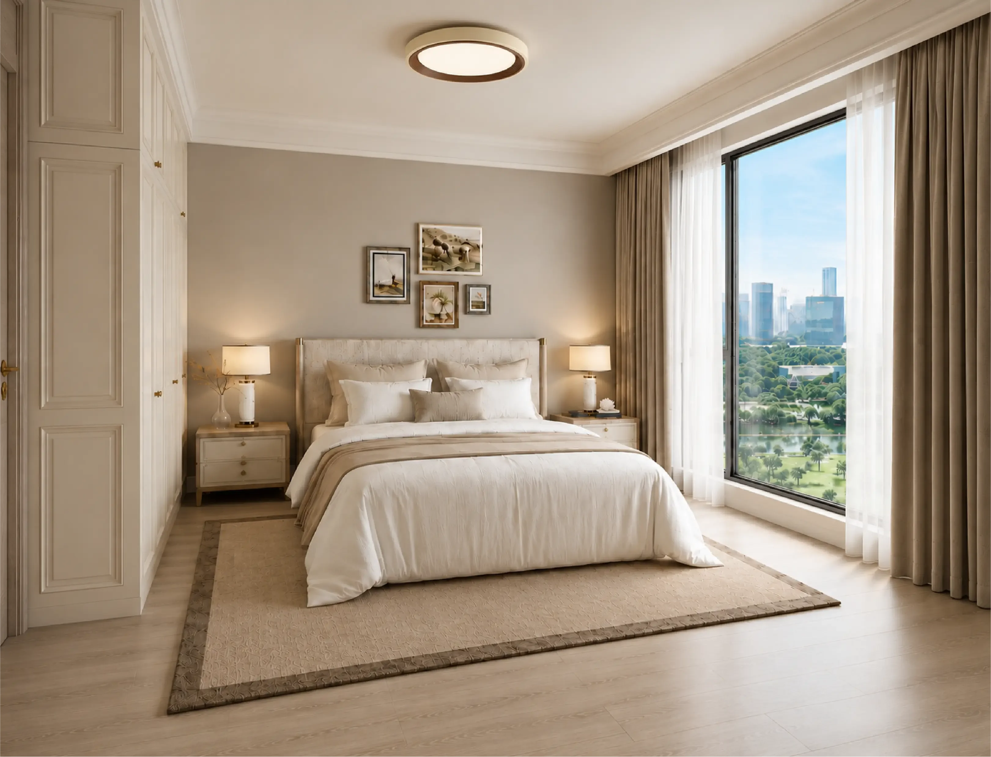 Riverside Azure bedroom rendering with an upholstered bed, built-in wardrobes and a large curtained window.