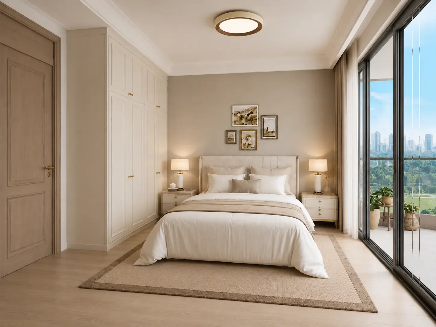 Riverside Azure bedroom rendering with a double bed, fitted wardrobes and sliding glass balcony doors.