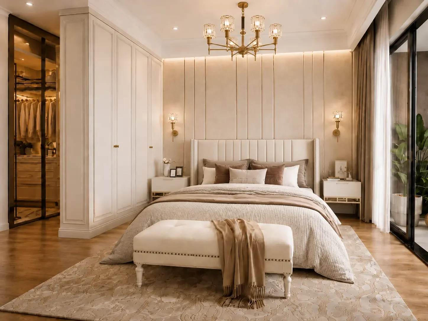 Bedroom at Riverside Azure Apartments with an upholstered headboard, white wardrobes, chandelier and cushioned bench.