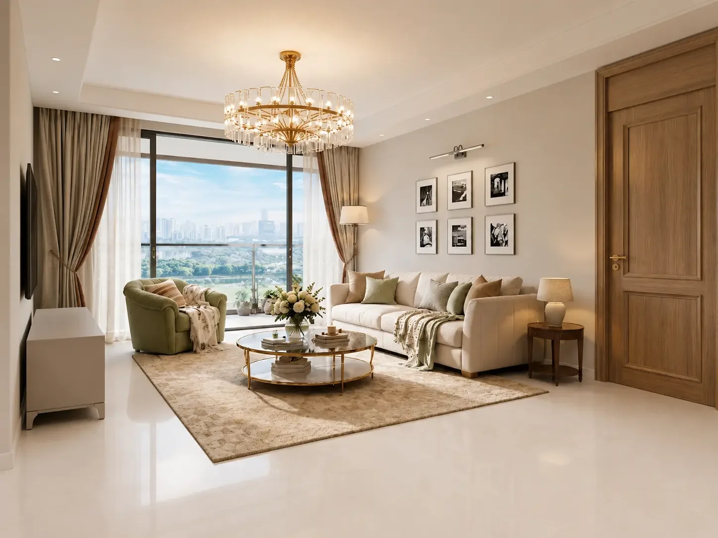 Riverside Azure living room with cream sofa, green armchair, chandelier and sliding glass doors to a balcony.