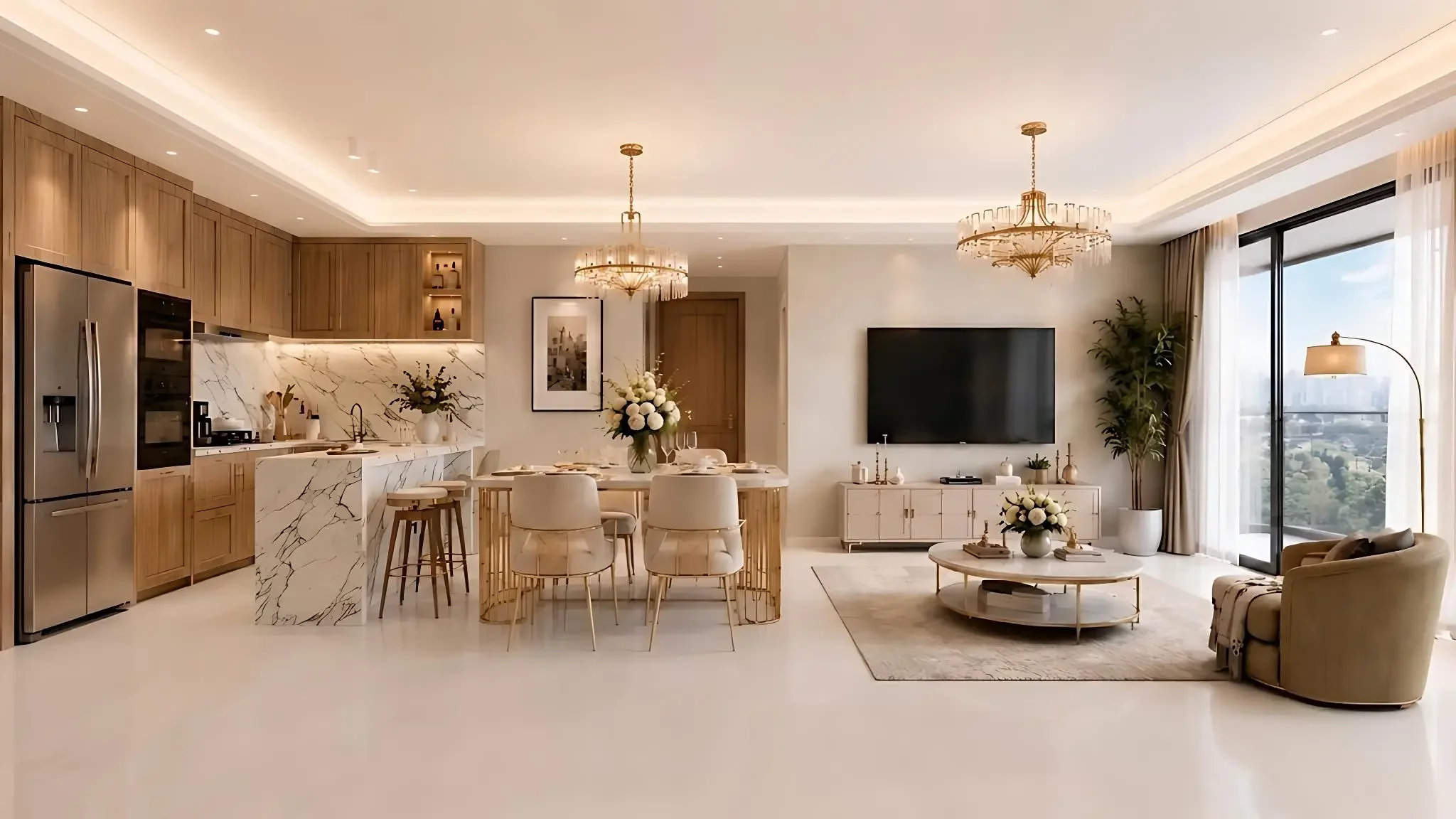 Rendering of Riverside Azure’s open-plan kitchen, dining and living area with chandeliers and large windows.